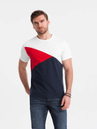 Tri-color men's cotton t-shirt - white and navy blue V3 OM-TSCT-0174