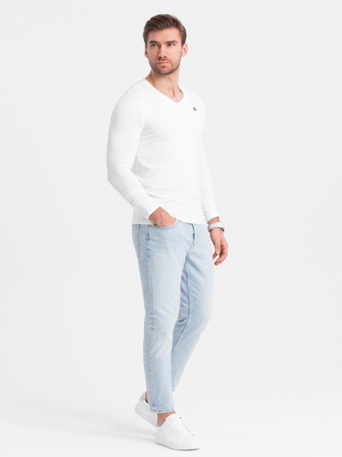 Set of men's SLIM FIT longsleeves with V-neck and logo 2-pack - 2x white V4 Z103
