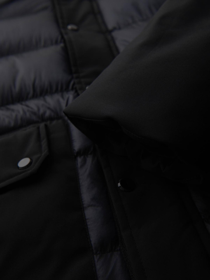 Men's long quilted jacket with large pockets - black V1 OM-JALJ-0308