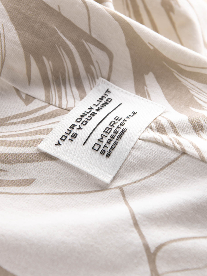 T-shirt męski fullprint w kontrastowe liście - jasnobeżowy V1 OM-TSFP-0180