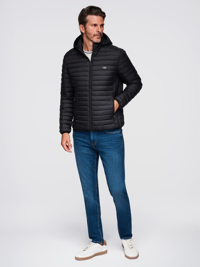 Men's quilted jacket with high zipped hood - black V1 OM-JAHP-0238
