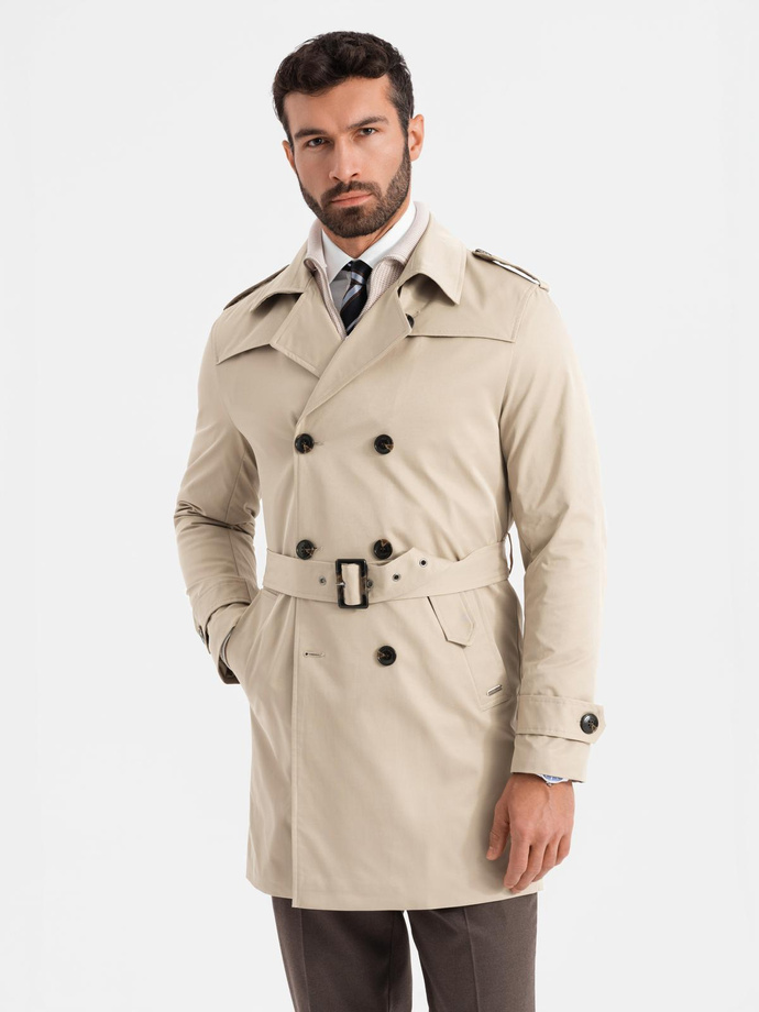 Elegancki męski płaszcz trencz SLIM FIT z paskiem – beżowy V1 OM-COSC-0126