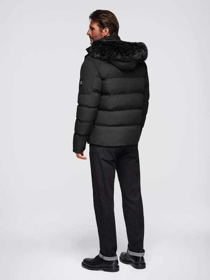Men's quilted jacket with cut of ramoneski with hood - black V1 OM-JAHP-0252