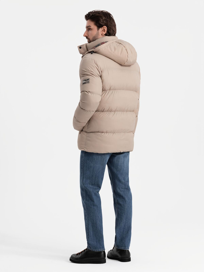Men's puffer jacket with check lining - beige V2 OM-JAHP-0205