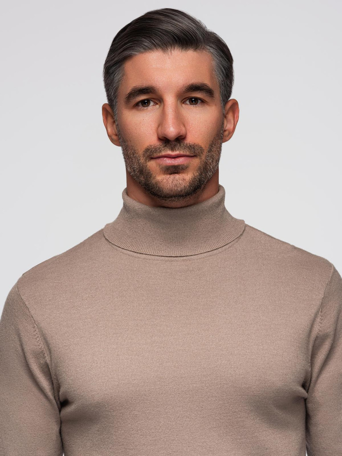 Męski dzianinowy golf z wiskozą – ciemnobeżowy melanż V3 OM-SWTN-0127