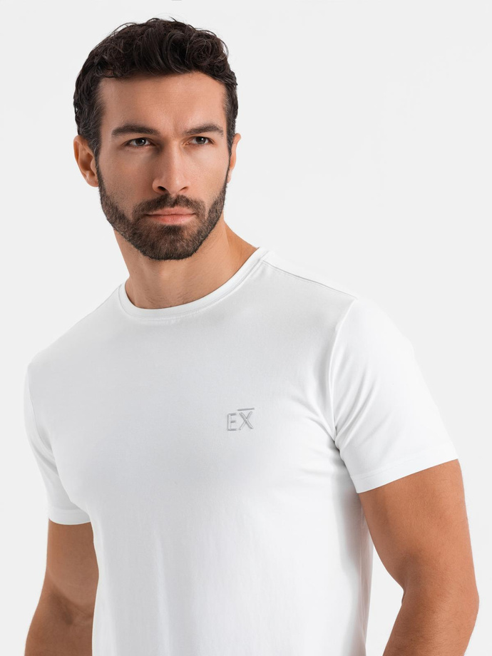 Męski t-shirt SLIM FIT z elastanem i printem – biały V2 OM-TSBC-0222 