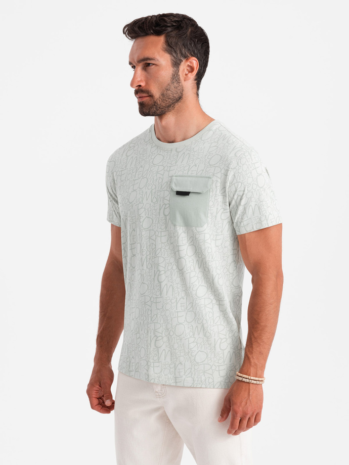 Bawełniany męski t-shirt z literowym printem i kieszonką – żółto-zielony V4 OM-TSFP-0188