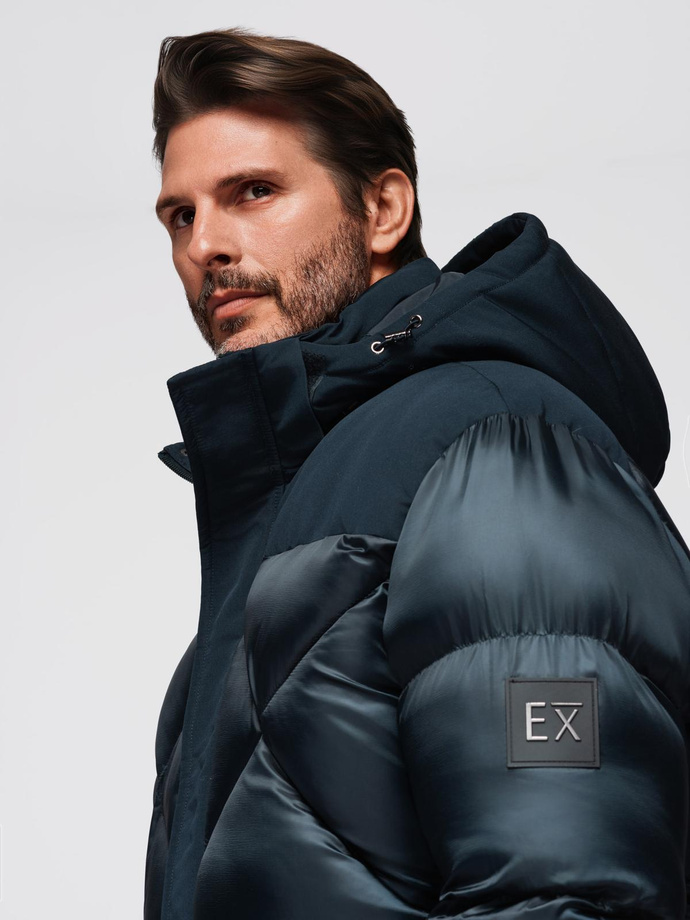 Men's hooded jacket with geometric diamond quilting - navy blue V2 OM-JAHP-0237