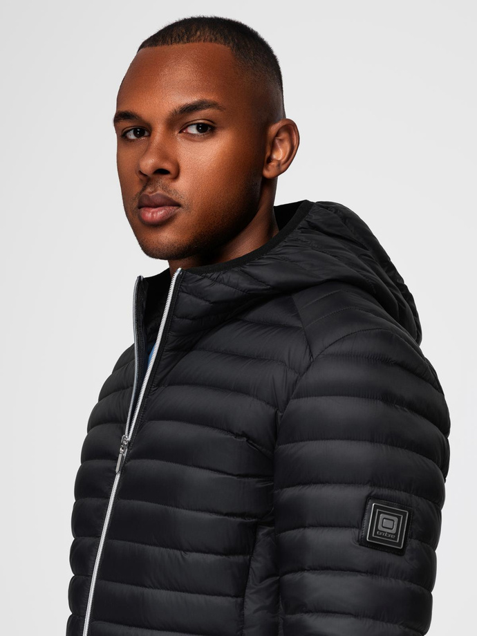 Men's quilted jacket with combined materials and hood - navy blue V3 OM-JALJ-0266