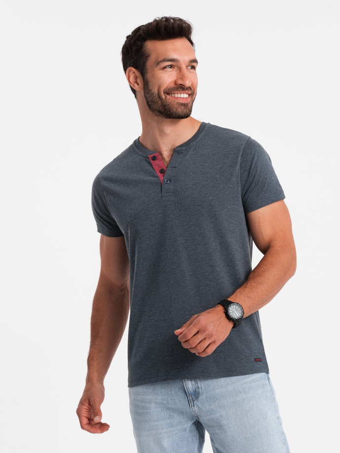 T-shirt męski z rozpinanym okrągłym dekoltem henley – granatowy V5 OM-TSCT-0155