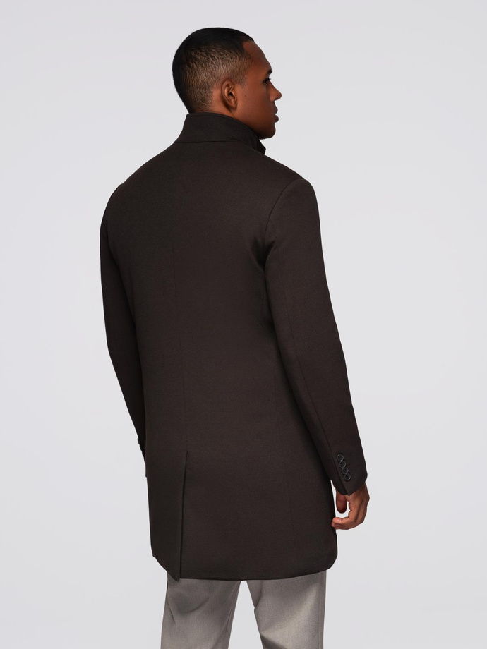 Men's coat with asymmetrical fastening and high collar - light brown V4 OM-COWC-0120