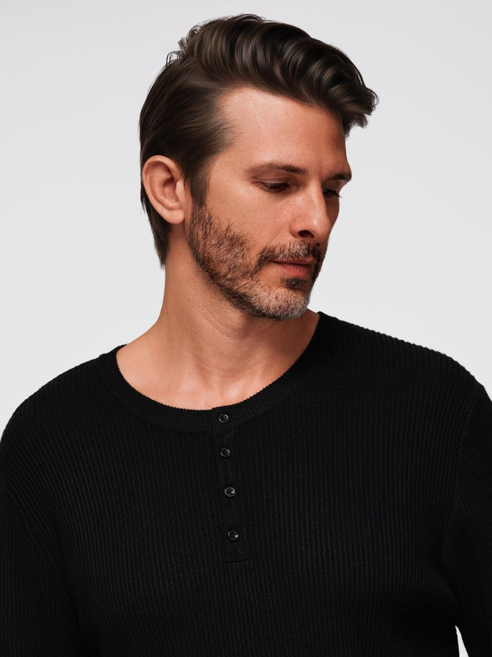 Men's ribbed sweater with buttons at the neckline - black V2 OM-SWSW-0182