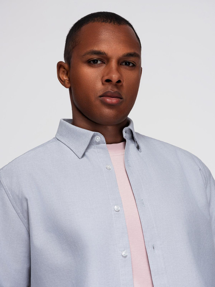 Elegant men's oxford shirt with embroidery - blue V1 OM-SHOS-0172