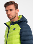 Nylonowa dwukolorowa pikowana kurtka męska w stylu sportowym – limonkowa V4 OM-JALP-0185