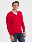 Men's sweater with a "v-neck" neckline with a shirt collar - red V4 OM-SWSW-0102