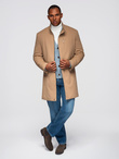 Men's coat with asymmetrical fastening and high collar - light brown V4 OM-COWC-0120
