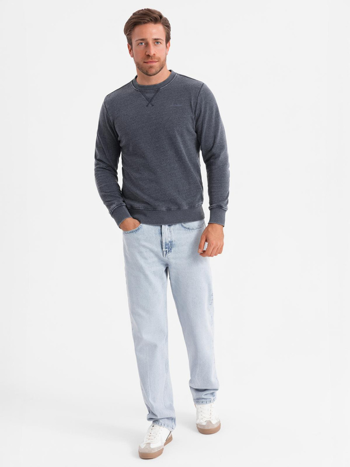 Washed men's sweatshirt with decorative stitching at the neckline - navy blue V4 OM-SSDS-0131