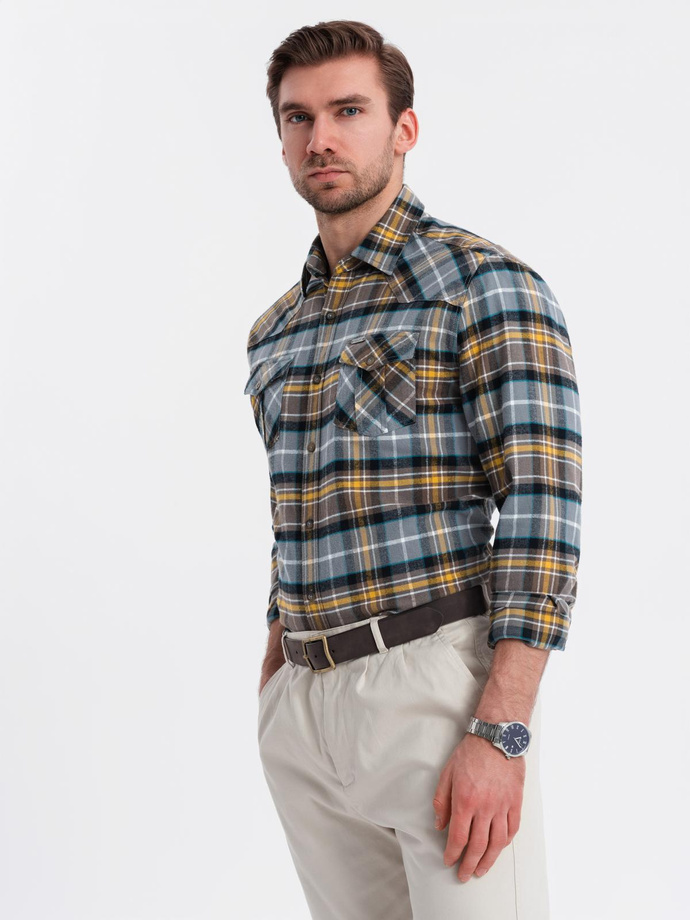 Men's checkered flannel shirt with pockets - gray-yellow V1 OM-SHCS-0149