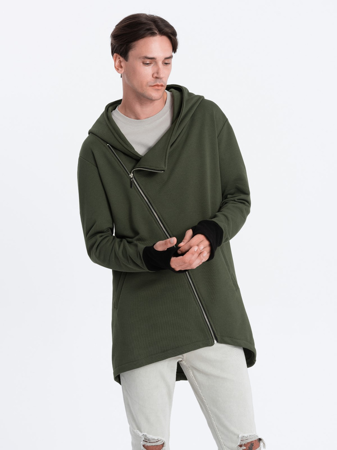 Asymmetrical men's sweatshirt with a spacious hood NANTES - dark olive green B1368