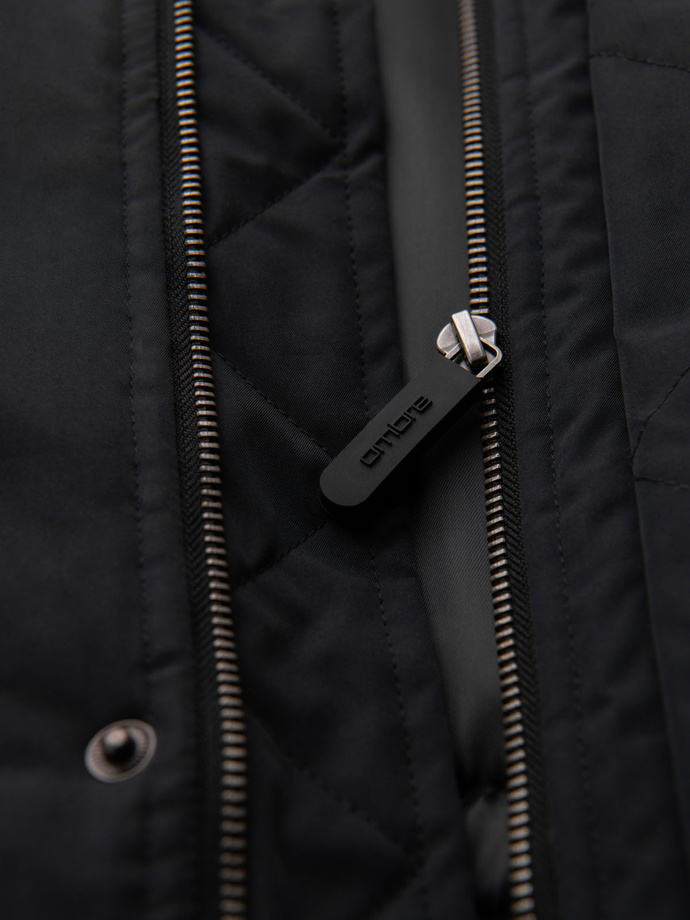 Men's faux leather jacket with ribbed bottom hem - black V2 OM-JAFL-0109
