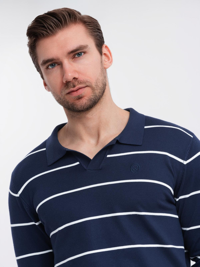 Męski longsleeve polo w poziome paski z wiskozą – granatowo-biały V1 OM-POLS-0146