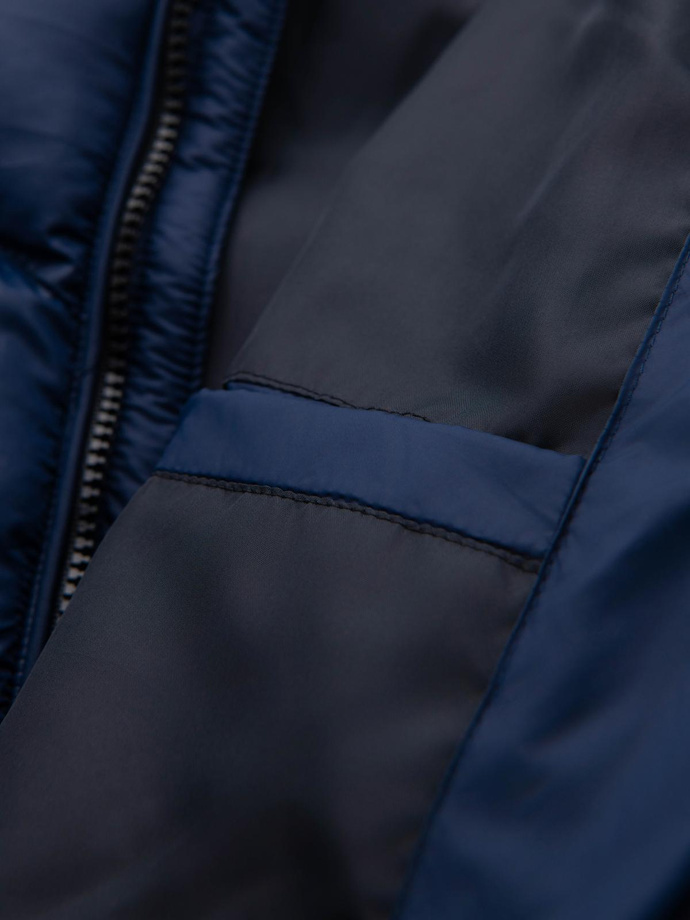 Modern men's quilted jacket of combined materials - navy blue V2 OM-JAHP-0303