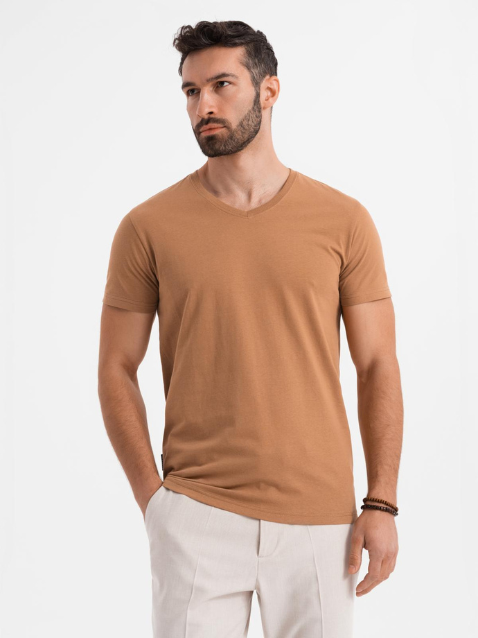 Men's BASIC classic cotton T-shirt with a v-neck - brown V9 OM-TSBS-0237