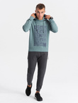 Men's non-stretch kangaroo sweatshirt with hood and print - turquoise V2 OM-SSPS-0158