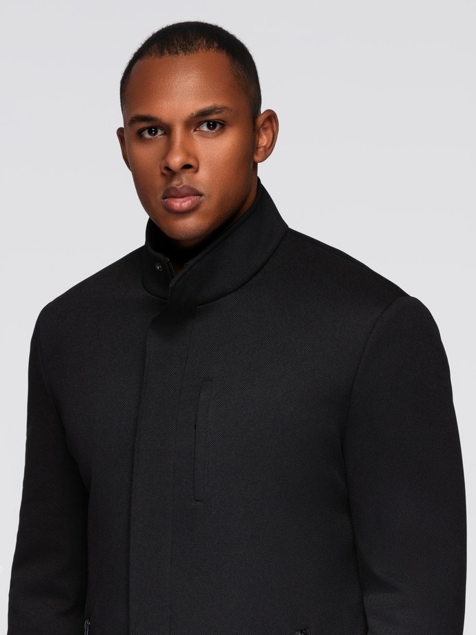 Men's coat with asymmetrical fastening and high collar - light brown V4 OM-COWC-0120
