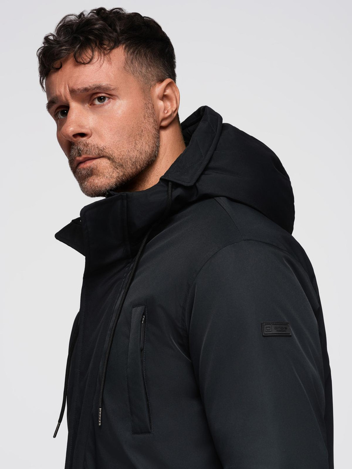 Men's faux leather jacket with ribbed bottom hem - black V2 OM-JAFL-0109
