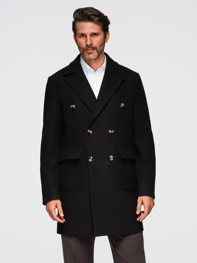 Men's coat with asymmetrical fastening and high collar - light brown V4 OM-COWC-0120