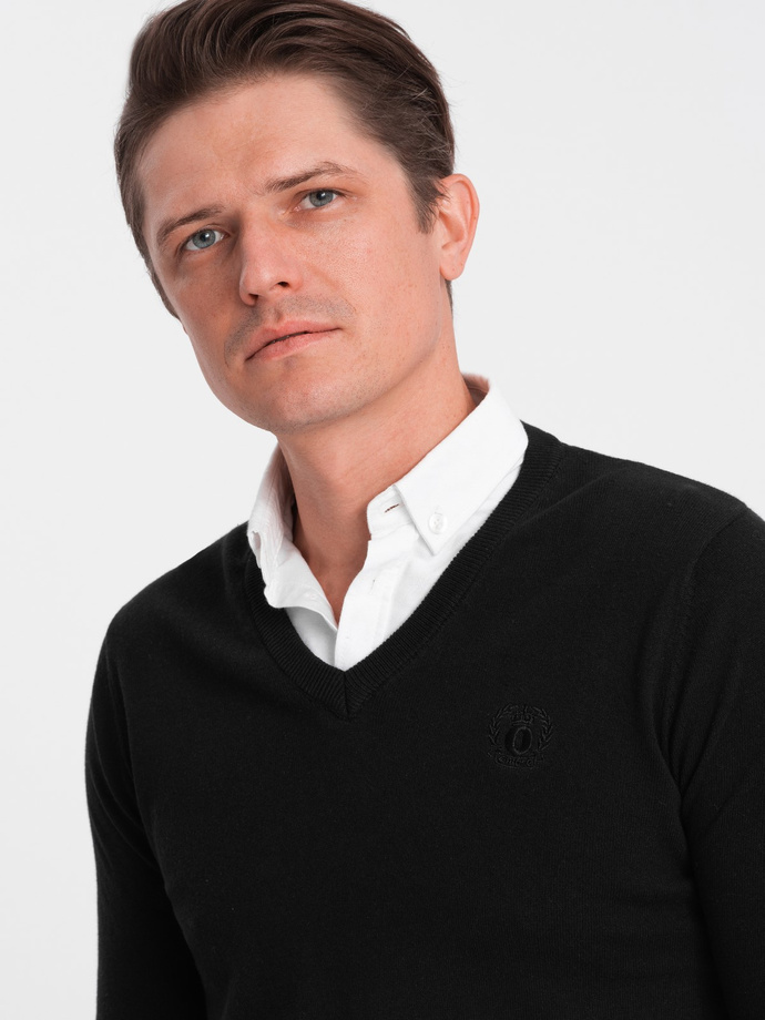Men's sweater with a "v-neck" neckline with a shirt collar - black V1 OM-SWSW-0102