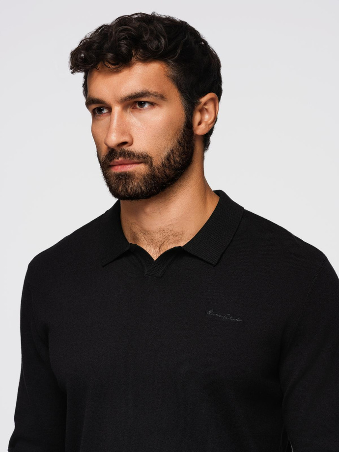Męski sweter polo z haftem na piersi – czarny V1 OM-POLS-0140