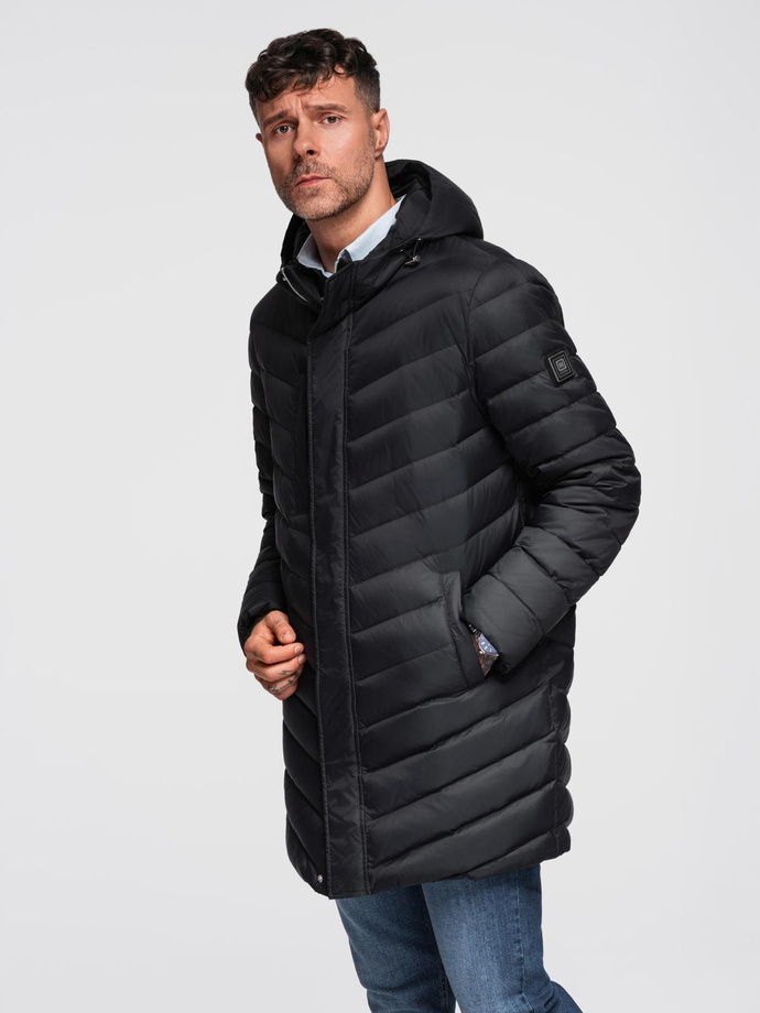 Men's quilted jacket with combined materials and hood - navy blue V3 OM-JALJ-0266