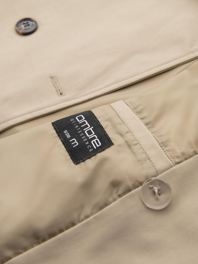 Elegant men's SLIM FIT trench coat with belt - beige V1 OM-COSC-0126