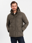 Męska kurtka casualowa puffer z wełną – ciemnooliwkowy melanż V4 OM-JAHP-0203