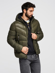Men's quilted winter jacket with combined materials - dark olive green V3 OM-JAHP-0145