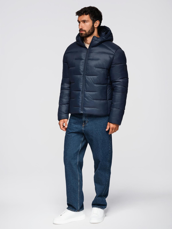 Pikowana kurtka męska puffer z kapturem – granatowa V4 OM-JAHP-0235