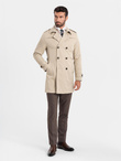Elegancki męski płaszcz trencz SLIM FIT z paskiem – beżowy V1 OM-COSC-0126