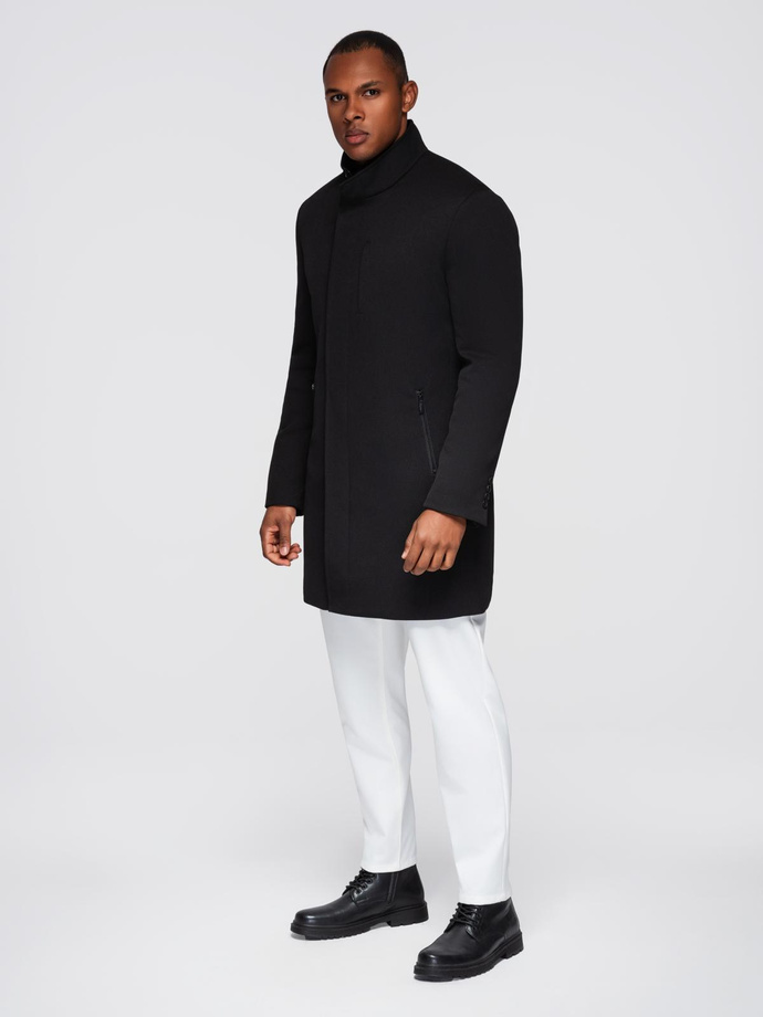 Men's coat with asymmetrical fastening and high collar - light brown V4 OM-COWC-0120