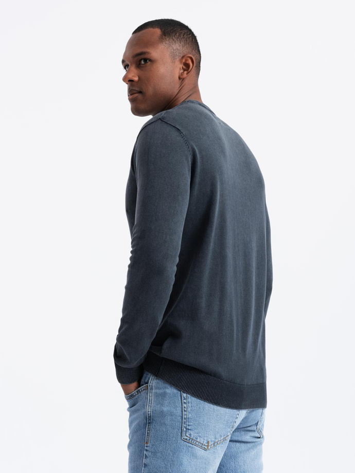 Washed men's sweater with v-neck - navy blue V2 OM-SWOS-0108