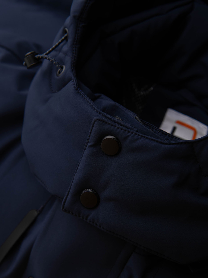 Men's winter jacket with detachable hood made of waterproof material - navy blue V1 OM-JAHP-0306