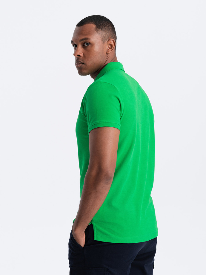 Męska koszulka polo jednokolorowa BASIC z dzianiny pique - neonowa zieleń V25 OM-POBS-0100