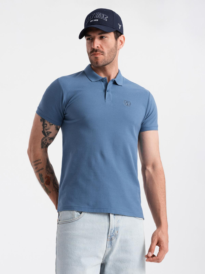 Jednokolorowa koszulka polo męska BASIC z dzianiny pique - niebieska V16 OM-POBS-0100
