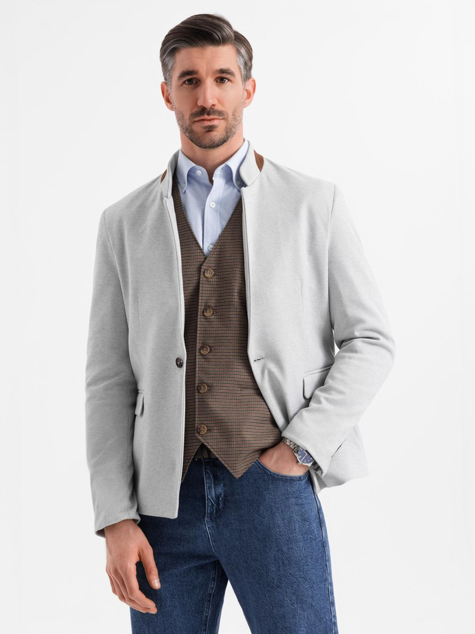 Men's melange rayon jacket with stand-up collar - grey melange V4 OM-BLZB-0131