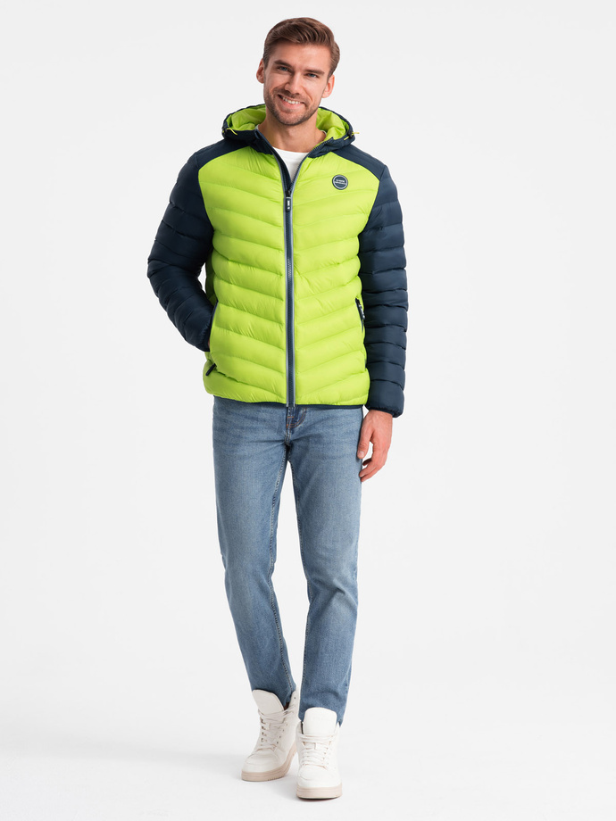 Nylonowa dwukolorowa pikowana kurtka męska w stylu sportowym – limonkowa V4 OM-JALP-0185