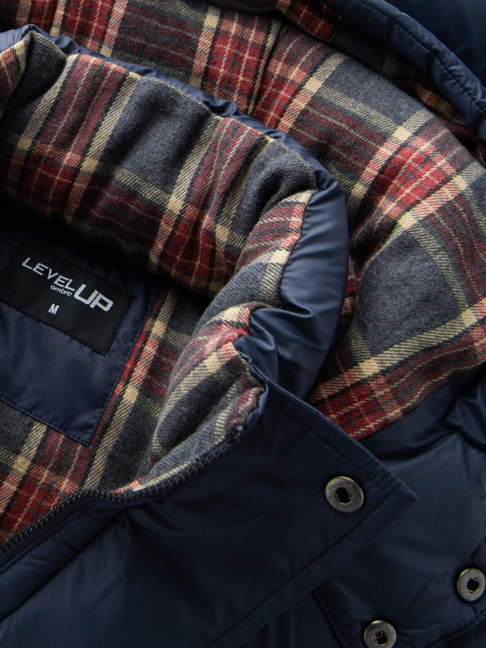 Men's puffer jacket with check lining - navy blue V1 OM-JAHP-0205