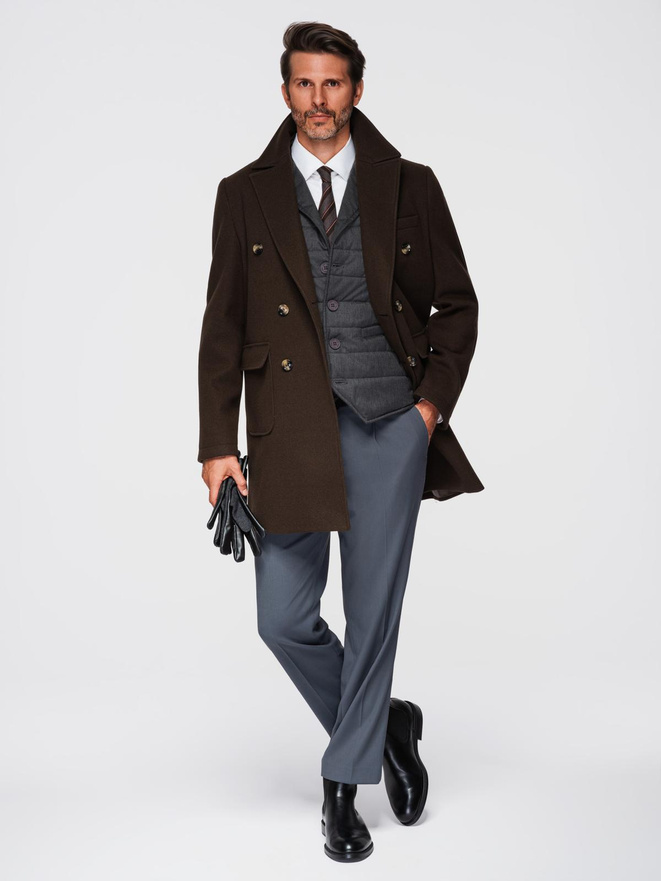 Men's coat with asymmetrical fastening and high collar - light brown V4 OM-COWC-0120