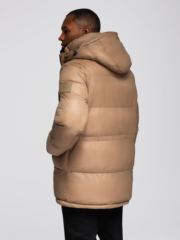 Długa męska kurtka puffer z zapinanymi kieszeniami – brązowa V2 OM-JALJ-0186