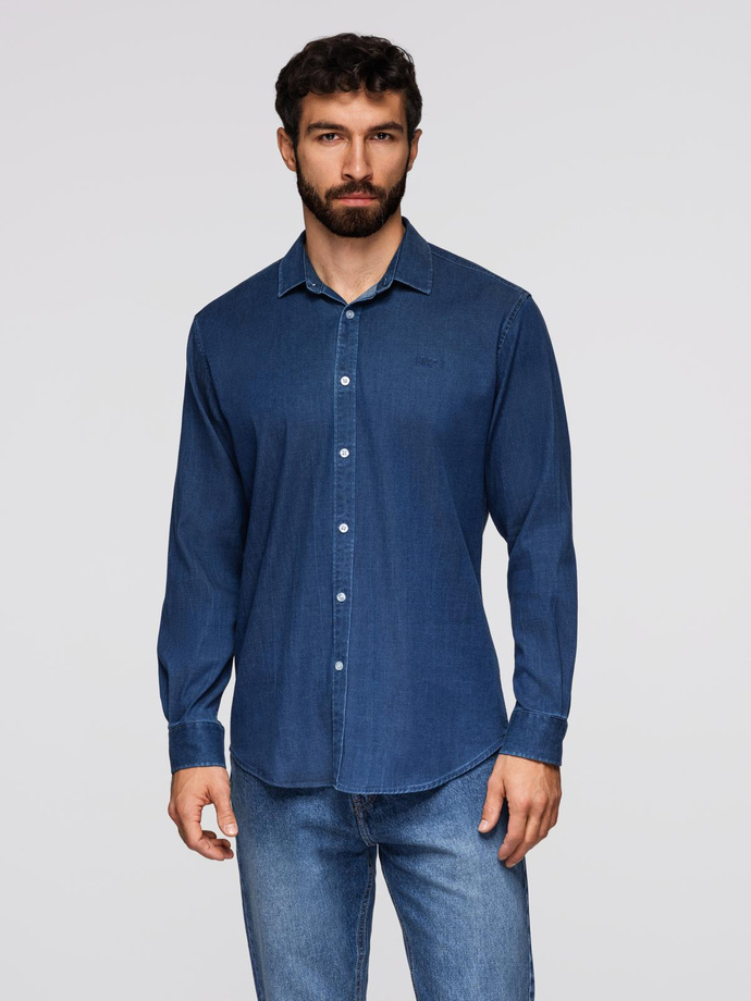 Men's denim shirt with lyocell and embroidery on chest - dark blue V1 OM-SHDS-0180